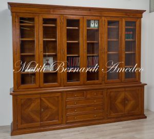 LB55 Walnut Bookcase Raised Base Inlaid Doors Glass Doors 16 Drawers